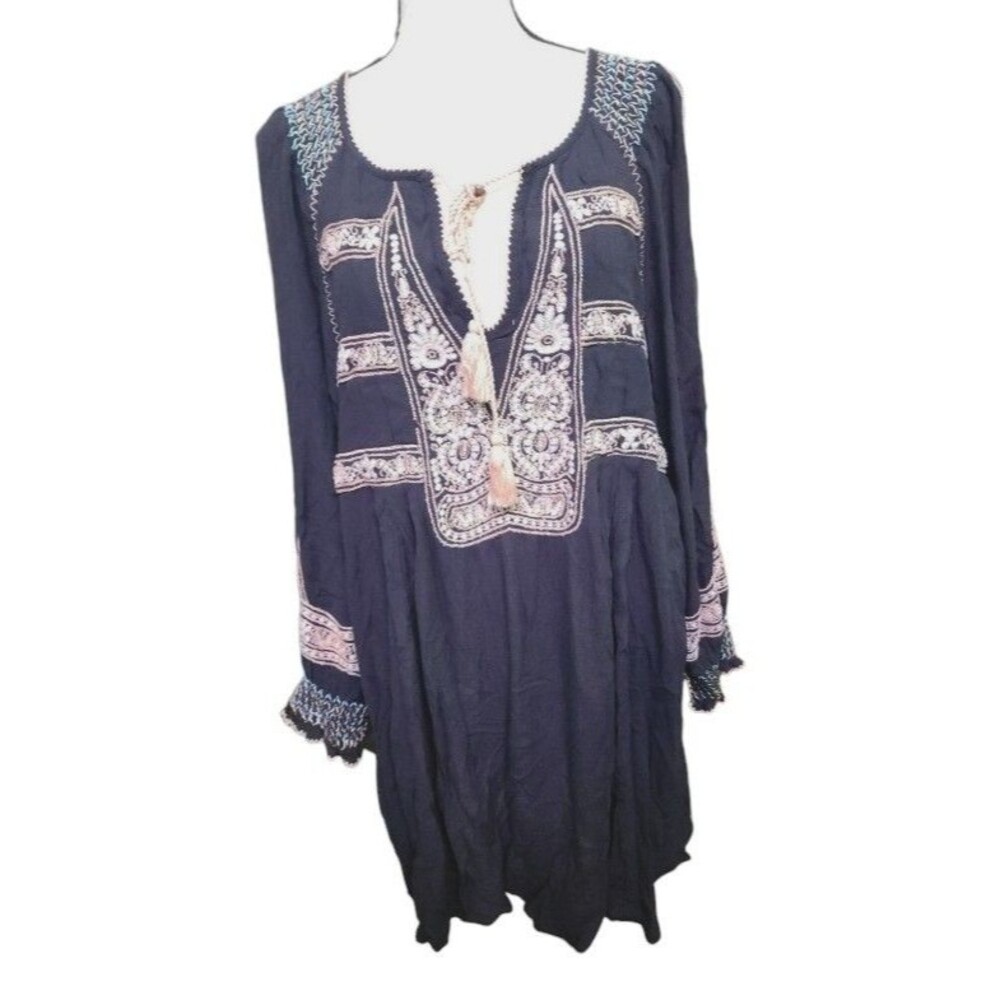 Free People Long Sleeve Tunic Dress Size Large Embroidered Tassel Neck Rayon
